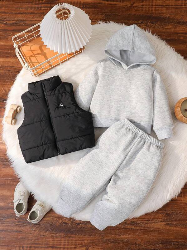 SHEIN 3pcs/Set Baby Boy/Girl Gray And Black Warm Outfit With Hooded Sweatshirt, Padded Vest And Thick Pants, Suitable For Casual, Outdoor And Snow Play