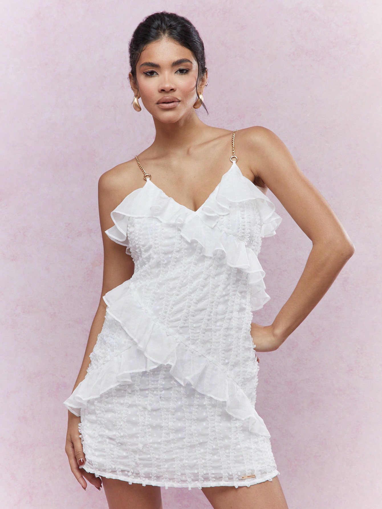 MISSGUIDED Asymmetric Frill Self Embroidery Metal Chain Strap Cami Mini  DressMISSGUIDED