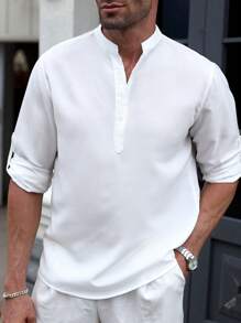 Manfinity Homme Loose Fit Men's Half Button Roll Up Sleeve Shirt