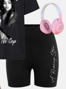 SHEIN Girlism 2pcs Y2K Streetwear Tween Girls' Casual Loose Relaxed Fashion Street Hip Hop Portrait & Letter Print Black Loose Crew Neck Tee And Black Shorts Set, Summer - Black - View 5