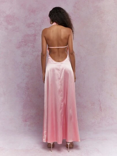 MISSGUIDED Jersey Bust Halter Neck Backless Satin Maxi Dress｜MISSGUIDED