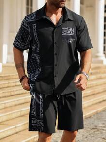 Manfinity Homme Conjunto de dos piezas para hombre de talla grande con camisa de manga corta y pantalones cortos con estampado de campesinos y parches para vacaciones/ocio