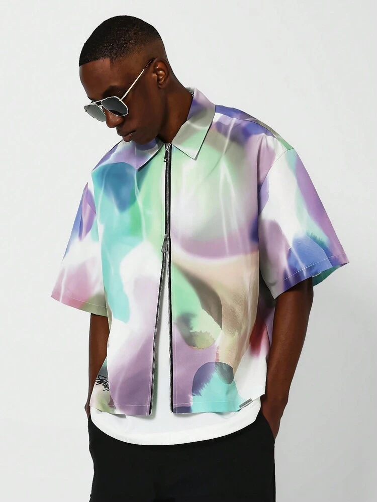 Boxy Fit Zip Nylon Shirt With All Over Print