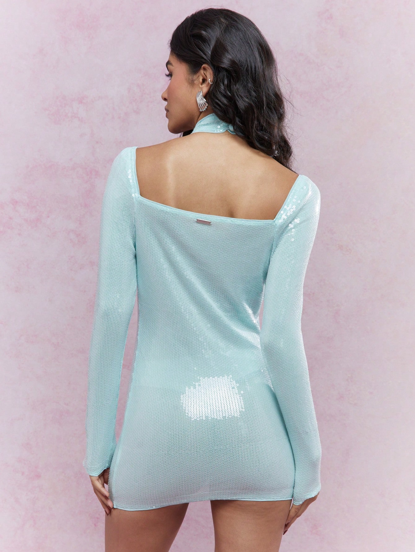 MISSGUIDED Y2K Futuristic Sequin Cut-Out Halter Neck Long Sleeves