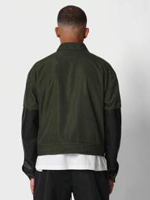 SUMWON 皮革混合摩托风格赛车夹克双色拼接设计秋冬系列休闲街头服饰性能运动都市时尚修身长袖外套 - 軍綠色 - 查看 2