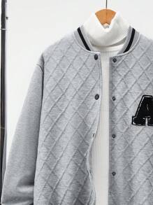 SHEIN Jachetă de baseball ocazională de iarnă pentru adolescenți băieți, cu design inserat, căptușeală confortabilă și broderie cu litere, potrivită pentru activități în aer liber și uzură zilnică, textura simplă și stil de facultate, perfectă pentru naveta școlară - Gri - Vizualizare 6