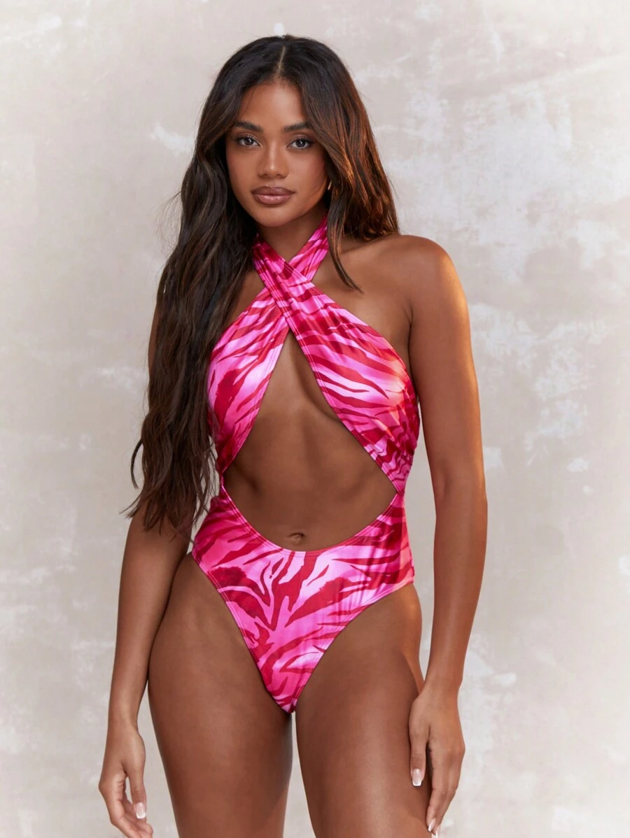 MISSGUIDED ビーチ柄クロスホルターネックカットアウトワンピース水着