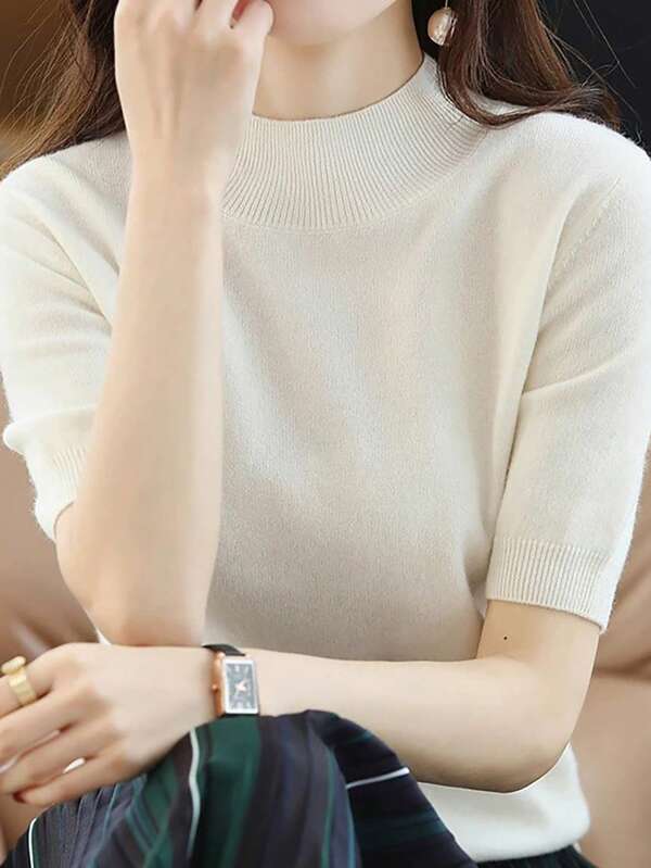 EMERY ROSE Top de punto de manga corta con cuello medio-alto y unicolor para mujer en verano