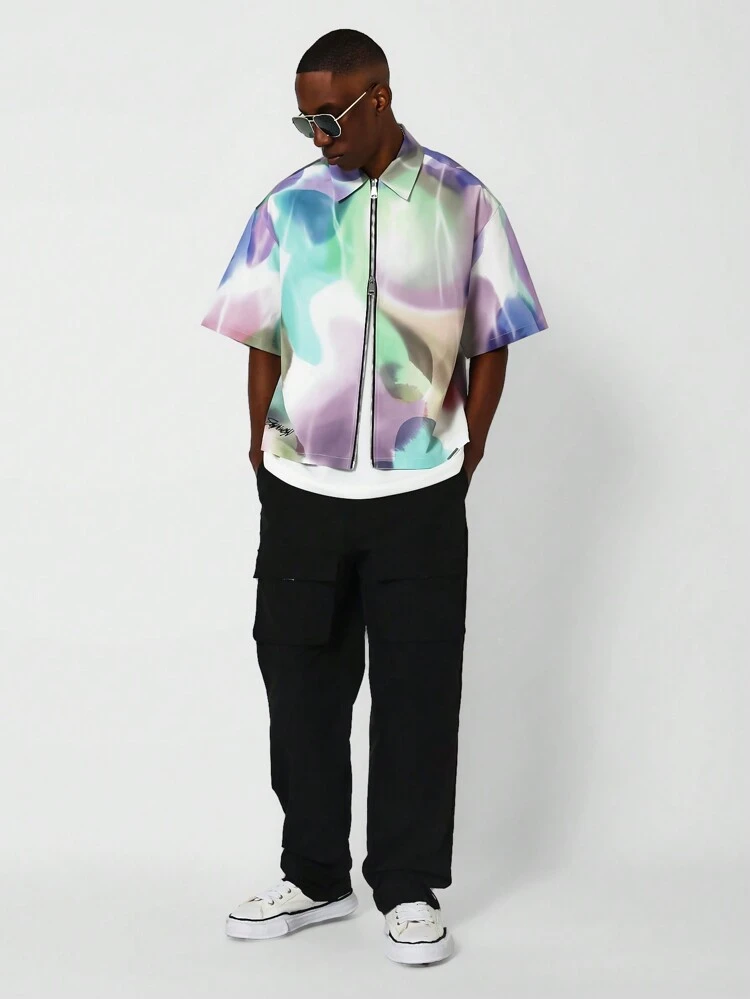 Boxy Fit Zip Nylon Shirt With All Over Print