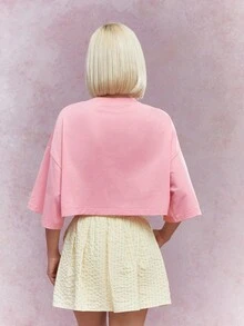 MISSGUIDED Drop Shoulder Oversized Crop T-Shirt With Print - Coral Pink - View 2