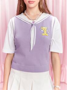 CARDCAPTOR SAKURA | SHEIN Chaleco sin mangas de suéter con cuello marinero para mujer con dibujo de caricatura lindo y ribete contrastante