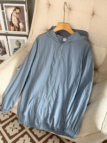 SHEIN 1 Áo khoác hoodie kết cấu mềm mại kiểu trường đại học thường ngày dành cho nam thanh thiếu niên có mũ in chữ lớn, thoáng khí và thoải mái, thích hợp cho kỳ nghỉ vào mùa xuân và mùa hè - Màu xanh lam - Xem 2