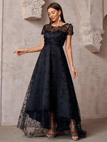 Vestido Longo de Festa Formal Elegante com Bordado, Gola Redonda, Manga Curta e Tule Preto (Acabamento Pesado), Vestido de Formatura, Jantar e Festa da Primavera