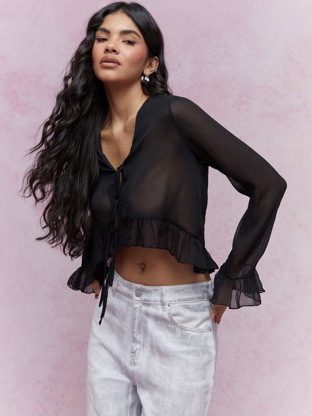 MISSGUIDED Boho Sheer Ruffle Frill Hem And Sleeves Crop Top 