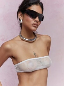 MISSGUIDED Luxury Lace Bandeau Crop Top Strapless Bralette Festival Club Party Summer Beach Mesh See-Through Elegant Evening Wear Night - White - View 3