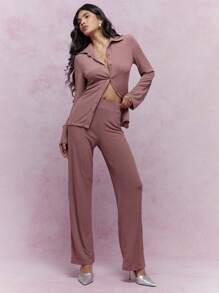 MISSGUIDED Conjunto a juego de camisa de mangas largas y pantalones con textura acanalada - Rosa vieja - Ver 4