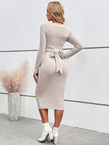 SHEIN Đầm bodycon tay dài màu trơn dáng ôm vừa vặn kiểu dáng xoắn thắt nút cho bà bầu, mùa xuân và mùa thu - Màu be - Xem 3