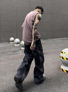 Manfinity Roghcode Y2K復古街頭風格男款黑牛仔工裝寬鬆牛仔褲 - 黑色 - 查看 2