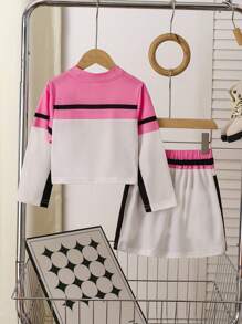 Conjunto de falda y blusa de manga larga con diseño de bloques de color y estampado de letras para niña joven en primavera/otoño - Rosa - Ver 2