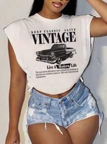Slaydiva Plus Size Vintage Style Car Graphic T-Shirt With Text, Casual And Simple,Slightly Sheer Suitable For Summer - White - View 4