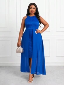 SHEIN Lady Plus Size Phối Ren Thanh Lịch & Voan Nối Không Tay Dây Cổ Cao Thấp Váy Dạ Hội Cho Phụ Nữ Cao - Xanh đậm - Xem 3