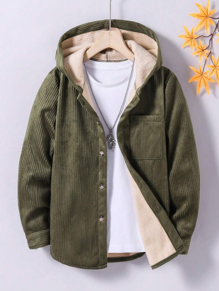 SHEIN Solid Color Corduroy Hooded Long Sleeve Coat With Front Button And Pockets For Tween Boys, Suitable For Autumn And Winter - Army Green - View 1