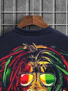 Men's Summer Lion Print Crew Neck Short Sleeve Casual T-Shirt - Navy Blue - View 3