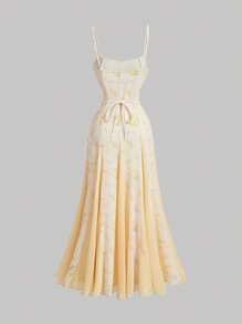 SHEIN MOD 女士郁金香印花粉色长款太阳裙，大下摆夏季连衣裙，毕业礼服，海滩女士连衣裙