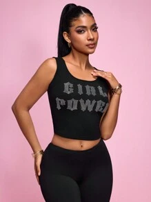 SHEIN Sport Studio Top de tanque feminino com decote redondo e sem mangas, bordado de strass com alfabeto para treino diário