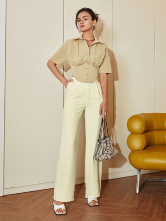 Blusa/camisa corta de manga corta con crop top de color liso para mujer, atuendos casuales para primavera, atuendos de negocios casuales, atuendos de vacaciones