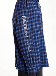 Manfinity VCAY Men's Street Woven Logo Ink Printed Plaid BOXY Long Sleeve Shirt, Suitable For Autumn And Winter Fashion - Blue - View 10