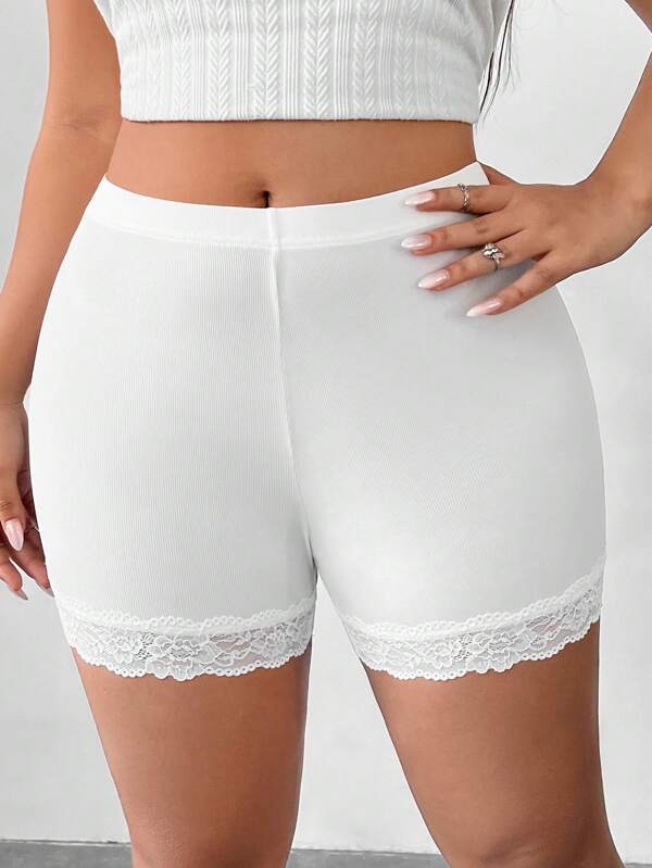 SHEIN EZwear Women's Plus Size Black Ice Silk Cool Knitted Ribbed Fabric Lace Trim Solid Color Casual All-Match High Waisted Cycling Shorts For Daily Wear