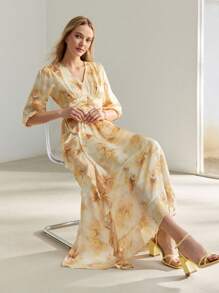 MOTF PREMIUM ALLOVER FLORAL PRINT V-NECK LANTERN SLEEVE RUCHED WAIST DRESS - Yellow - View 4