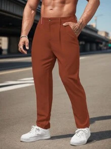 Manfinity Homme Men Solid Slant Pocket Suit Pants For Dailywear - Rust Brown - View 5