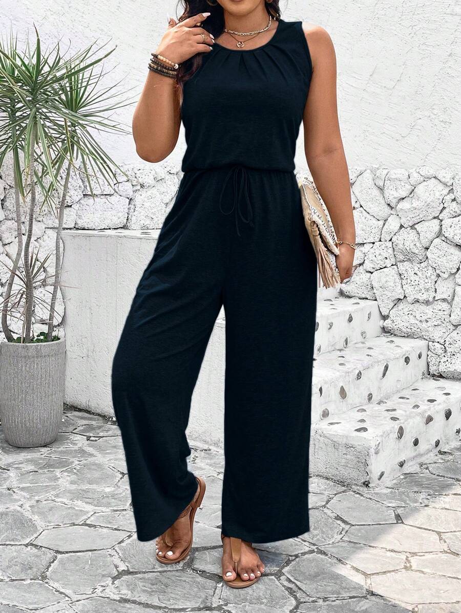 SHEIN Plus Size Women's Summer Solid Color Round Neck Pleated Sleeveless Wide Leg Jumpsuit - Navy Blue - View 1