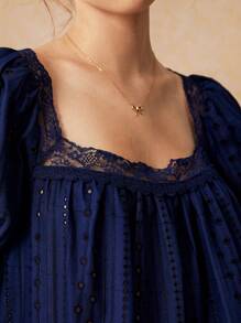 Poéselle Exquisite Floral Embroidery, Square Neck Lace Trim Puff Short Sleeve Scalloped Eyelet Design Blouse, Blue Shirt, Summer Women Dresses, Cute Tops, Women Clothes, Navy Blue Shirt, Homecoming Dresses - Navy Blue - View 6