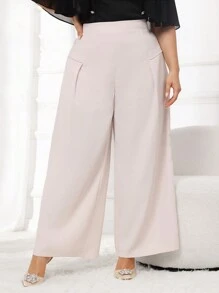 Mulvari Plus Size Solid Color Elegant Straight-Leg Pants With Pocket - Apricot - View 8
