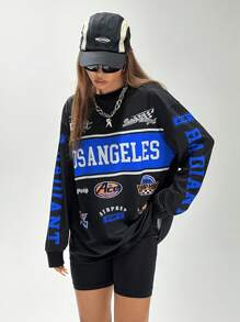 SHEIN Coolane Women's Vintage Back To School Football Street Cool T-Shirts, Y2K Fall Long Sleeve Loose Fit Tee With Sports Motorcycle Print - Black - View 7