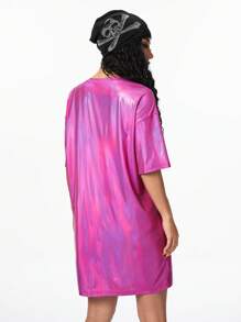 Coolane Women's Fashionable Music Festival Style Metallic Pink Women's T-Shirt Dress - Hot Pink - View 2