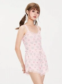 ROMWE Kawaii 女性舒適可愛兔骨花紋睡衣套裝，蝴蝶結設計和全蕾絲邊飾 - 彩色 - 查看 6