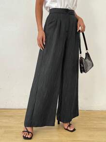 SHEIN Clasi Mùa hè dành cho nữ, quần ống rộng có họa tiết giả vải lanh đơn giản thanh lịch phía trước có chi tiết xếp ly và túi - màu đen - Xem 4