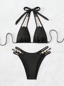 Bộ bikini dây dây chuyền hình trái tim đơn sắc đi biển mùa hè dành cho nữ - màu đen - Xem 8