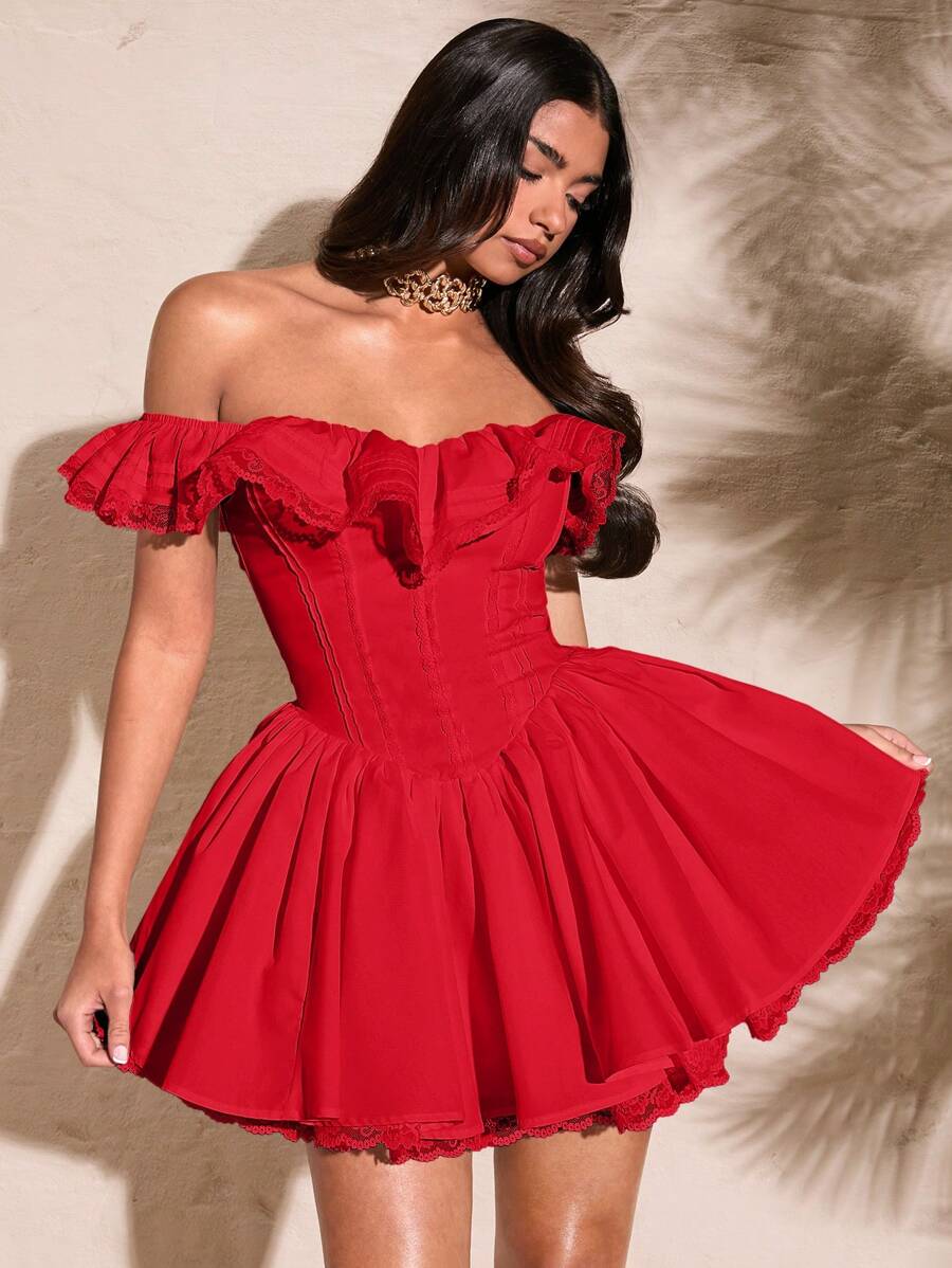 SHEIN BAE 女性款夏季白色性感愛心領花瓣袖純色荷葉邊以及圓弧下擺的鐘擺短裙洋裝 - 紅色 - 查看 1