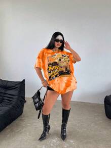 Flirla Plus Size Digital Tie-Dyeing Printed Women's Round Neck Drop Shoulder Sleeve T-Shirt With Motorcycle, Letter And Car Pattern Graphic Tees Women Tops, For Summer - Orange - View 5