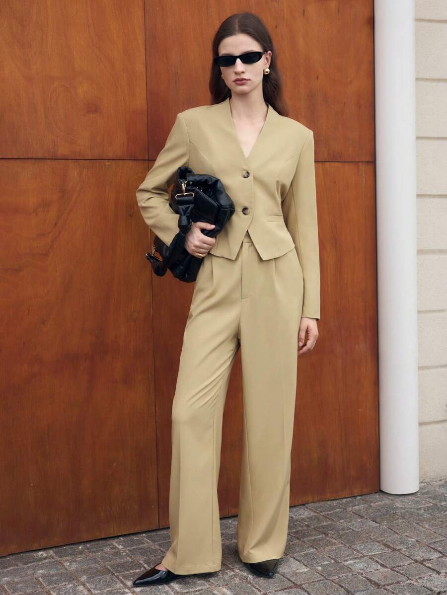 BizChic Americana elegante con botones, cuello en V y manga larga para mujer, estilo de negocios para la conmutación y moda carismática - Albaricoque - Ver 1