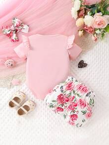 Conjunto de body y shorts para bebé niña con diseño de flores impresas, moño 3D y lazo, body de manga corta rosa para primavera/verano - Multicolor - Ver 2