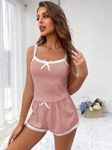 SHEIN Knitted Striped Lace Trim Cami Top And Shorts Women's Pajamas Set Lounge Set - Pink - View 3