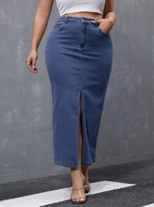 SHEIN Essnce Plus Size Spring Summer Casual Front Slit Denim Skirt - Dark Wash - View 1