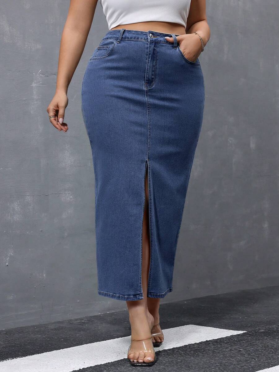 SHEIN Essnce Plus Size Spring Summer Casual Front Slit Denim Skirt - Dark Wash - View 1