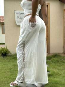 Flirla Plus Size Women Lace Wide Leg Pants,High Waist Elegant White Trousers For Vacation,Casual Loose Hollow Out Autumn Bachelorette Party Cloth - White - View 3